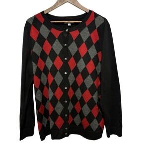 Croft Barrow Cardigan Womens XL Black Red Argyle Button Front Preppy Sweater